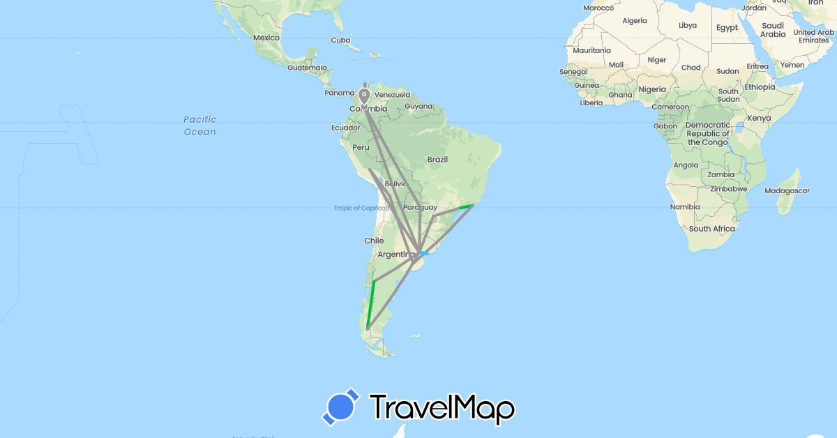 TravelMap itinerary: driving, bus, plane, boat in Argentina, Bolivia, Brazil, Colombia, Peru, Paraguay, Uruguay (South America)